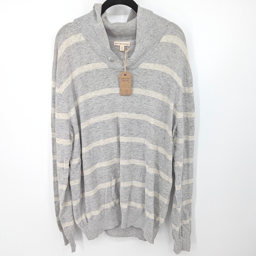 British Khaki Pullover‎ Sweater Mens XL Gray Striped Cotton Shawl Collar Preppy